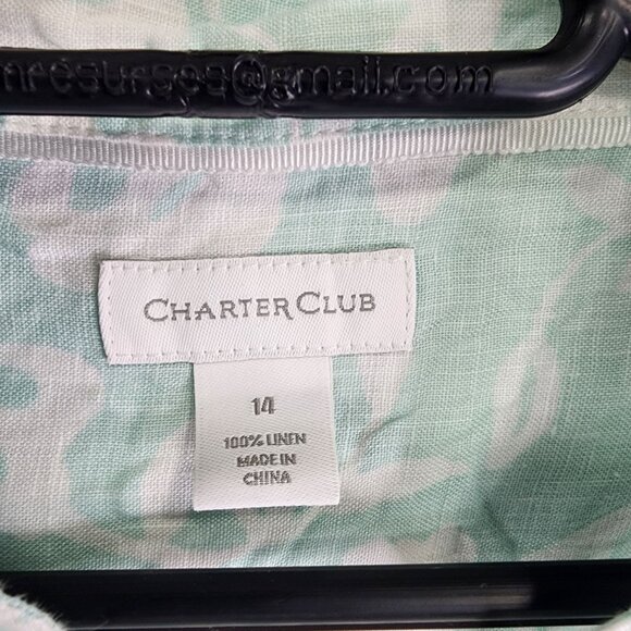 Womens Charter Club Blouse Shirt 100% Linen Teal White Floral Button Up Size 14 - Picture 6 of 10